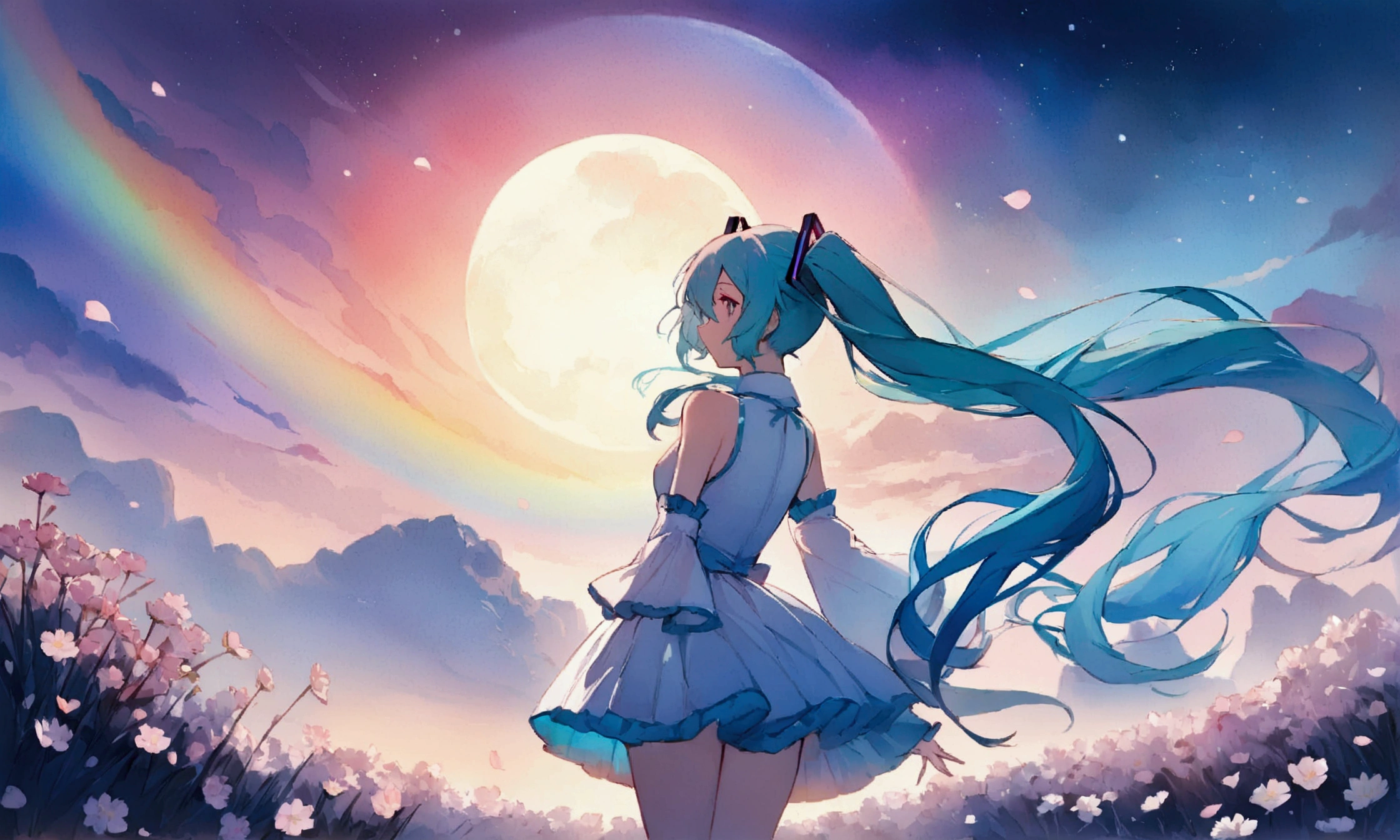 (masterpiece、Highest quality、Highest quality、Official Art、beautiful, beautiful:1.2)、(1 girl:1.3)hatsune miku、Twin tails,big,(High resolution、Very detailed、Hmph、movie、Cherry Blossom Gardenに立つ女の子、Cherry Blossom Garden、Cherry blossom petal splash art、Ultra Detailed Fields、beautiful white starry sky、Aurora、Light blue、Blanche、Nebula in the sky、watercolor、Pastel colored sun、rainbow、Natural scenery,Back view,