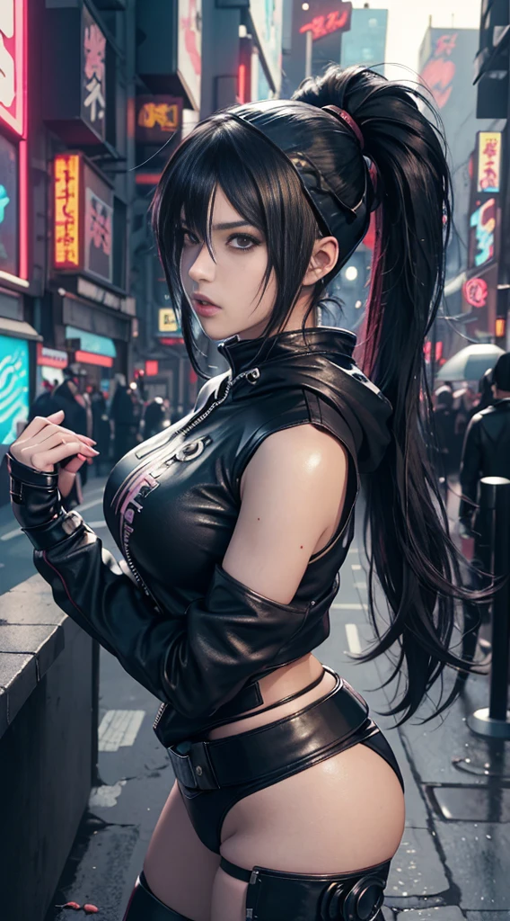 anime girl with ponytail in leather hat and leather top, cyberpunk anime girl, female cyberpunk anime girl, portrait ninja gaiden girl, digital cyberpunk anime art, 3d anime girl, dreamy cyberpunk girl, anime cyberpunk art, smooth anime cg art, beautiful cyberpunk girl face, cyberpunk girl, anime cyberpunk, cyberpunk beautiful girl, cyberpunk anime girl in hoodie, profile of anime girl