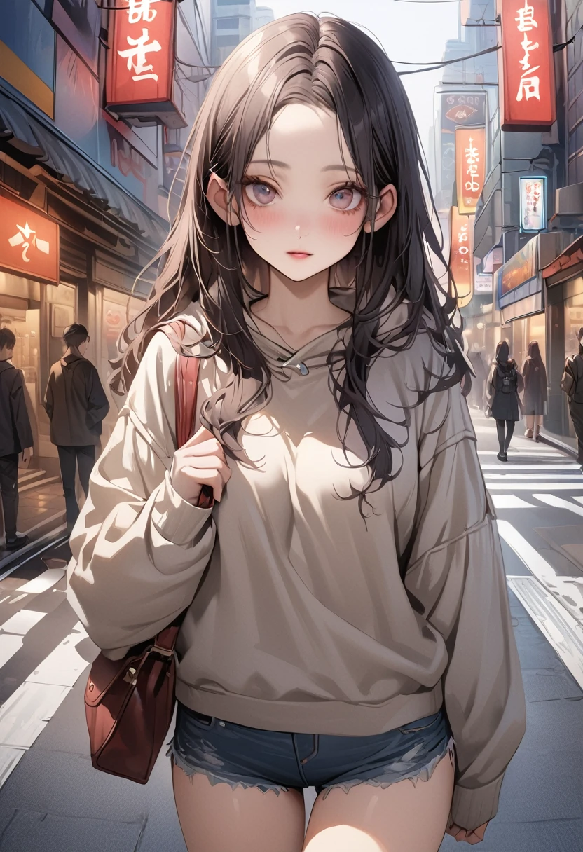 ((masterpiece,Highest quality:1.3,best quality illustration)),((realistic:1.5)).,cowboy shot,独奏,1woman,(25 year old beauty),((very small head:1.3)),black hair,long hair,forehead,center parted bangs,black eyes,gorgeous big eyes,blush,((very long body)),medium breasts,gleaming skin,slender body,oversized gray sweatshirt、Denim Microshorts、standing,on street,Shinjuku、Tokyo、