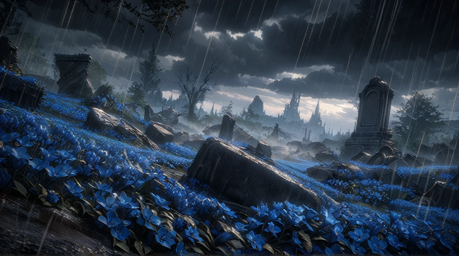 anime scenery, anime aestetics, anime lanscape, a blue field with a sky background, beautiful blue flowers, destroyed tombstones lying around, rain, dark grey clouds, beautiful grey trees, grey and blue coloure, elden ring cinematic lighting, unreal engine fantasy art, dark fantasy, peaceful atmosphere, wide shot, pov, atmospheric perspective, perspective, 4K, 8k, highres, best quality, super detail, masterpiece, award winning
