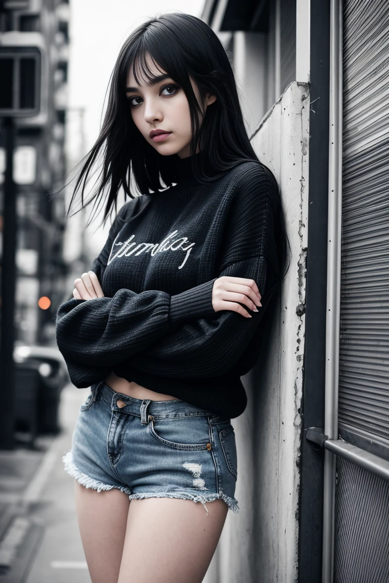 a beautiful 18 year old slim and sexy woman, emo girl, black short sleeve sweater, denim shorts, detailed face, long eyelashes, intricate makeup, cinematic composition, grungy urban environment