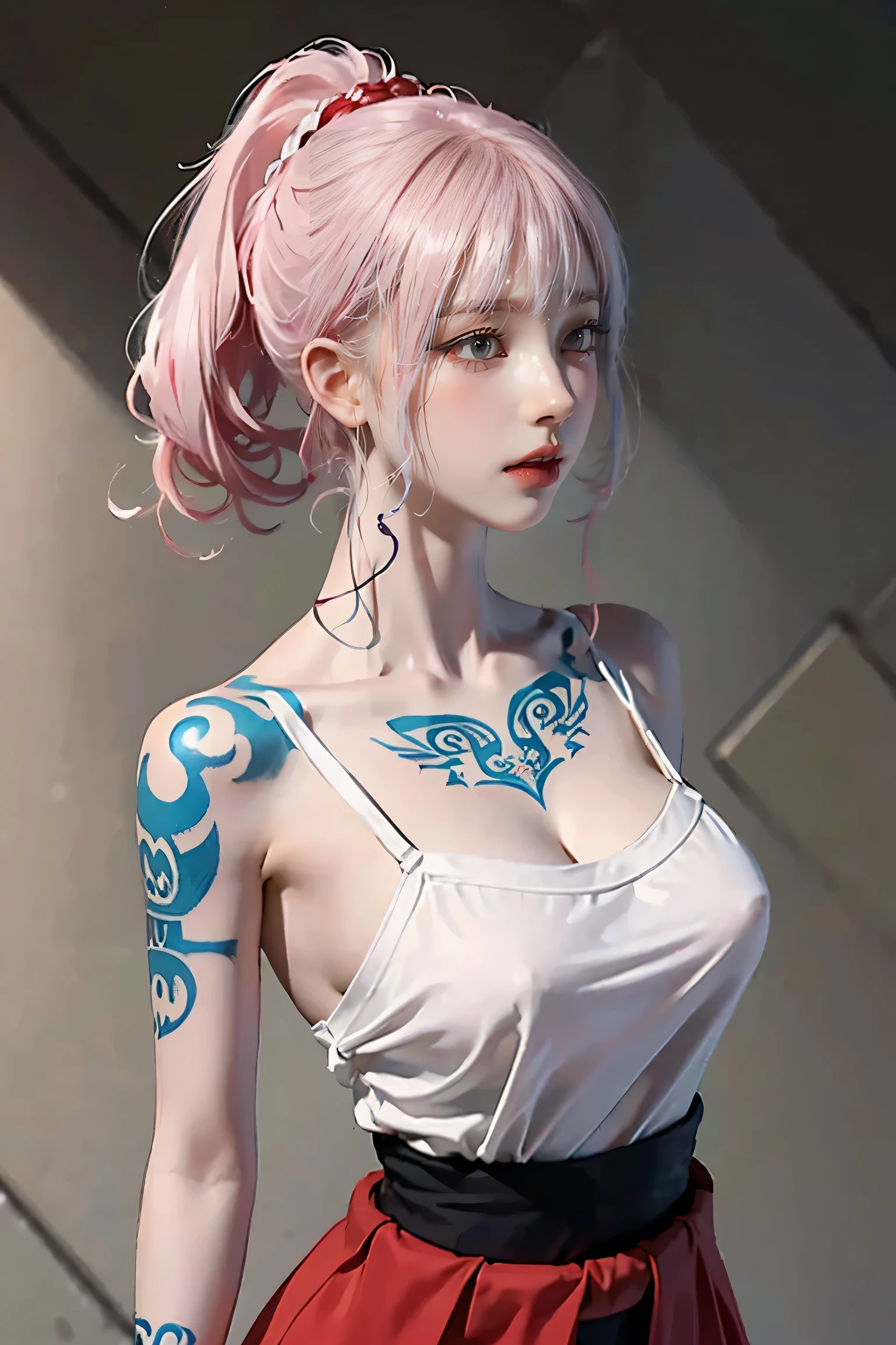 (Chest puffing pose),(Random Hairstyles),(Best image quality,(8k),Ultra-realistic,最high quality, high quality, High resolution, high quality,Attention to detail, White-pink hair, blue eyes, Red dress,(((Tight waist))), ((Large Breasts)),(See through),(((He has many tattoos all over his body)),Browsing Caution