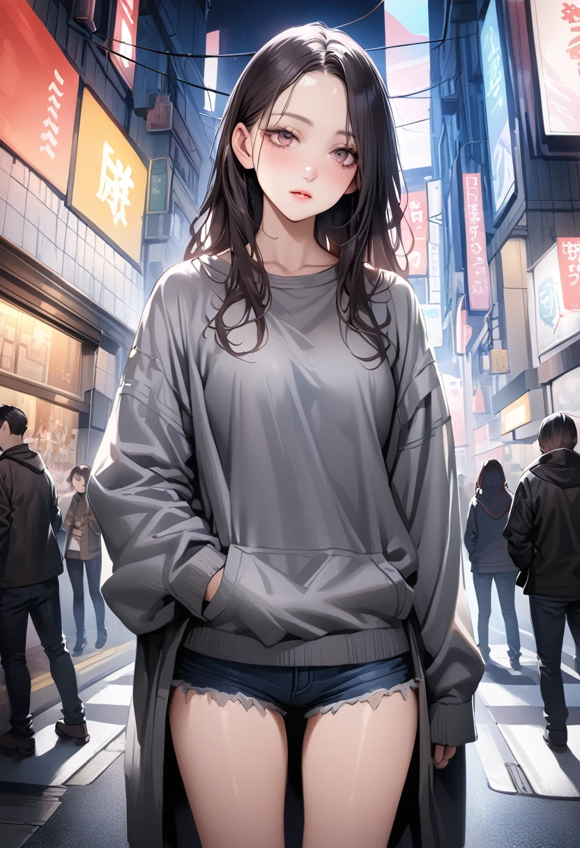 ((masterpiece,Highest quality:1.3,best quality illustration)),((realistic:1.5)).,cowboy shot,独奏,1woman,(25 year old beauty),((very small head:1.3)),black hair,long hair,forehead,center parted bangs,black eyes,gorgeous big eyes,blush,((very long body)),medium breasts,gleaming skin,slender body,(oversized gray sweatshirt)、Denim Microshorts、standing,on street,Shinjuku、Tokyo、