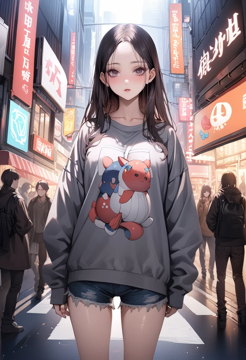 ((masterpiece,Highest quality:1.3,best quality illustration)),((realistic:1.5)).,cowboy shot,独奏,1woman,(25 year old beauty),((very small head:1.3)),black hair,long hair,forehead,center parted bangs,black eyes,gorgeous big eyes,blush,((very long body)),medium breasts,gleaming skin,slender body,(oversized gray sweatshirt)、Denim Microshorts、standing,on street,Shinjuku、Tokyo、