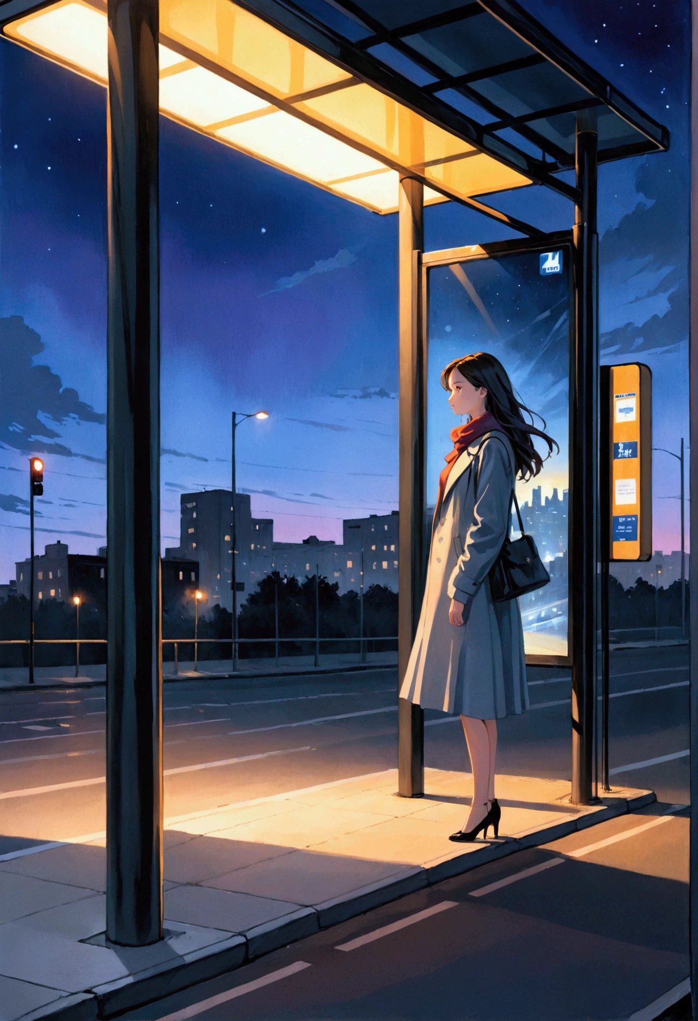 A captivating watercolor painting depicts a solitary young woman waiting at a bus stop during the twilight hours. The scene is predominantly dark, with the last light of day gradually disappearing from the sky. The only source of illumination is a bright overhead light at the bus stop, casting a dramatic, stark beam of light on the waiting individual and a small area around her.  The wind catches the woman's flowing, modern woman attire and her hair, creating a mesmerizing effect that adds to her enigmatic presence. Her face is partially concealed by shadow and movement, further enhancing her air of mystery. The minimalist, modern bus stop structure gleams in the artificial light, while the background gradually fades into the deep blues and purples of the encroaching night, with a hint of distant city lights. The atmosphere of the painting evokes a sense of solitude, anticipation, painting