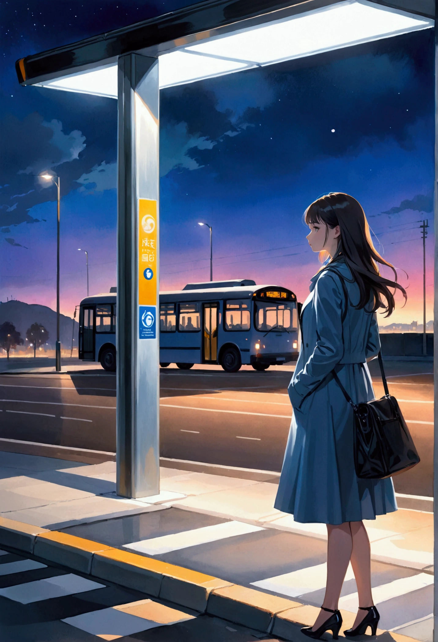 A captivating watercolor painting depicts a solitary young woman waiting at a bus stop during the twilight hours. The scene is predominantly dark, with the last light of day gradually disappearing from the sky. The only source of illumination is a bright overhead light at the bus stop, casting a dramatic, stark beam of light on the waiting individual and a small area around her.  The wind catches the woman's flowing, modern woman attire and her hair, creating a mesmerizing effect that adds to her enigmatic presence. Her face is partially concealed by shadow and movement, further enhancing her air of mystery. The minimalist, modern bus stop structure gleams in the artificial light, while the background gradually fades into the deep blues and purples of the encroaching night, with a hint of distant city lights. The atmosphere of the painting evokes a sense of solitude, anticipation, painting