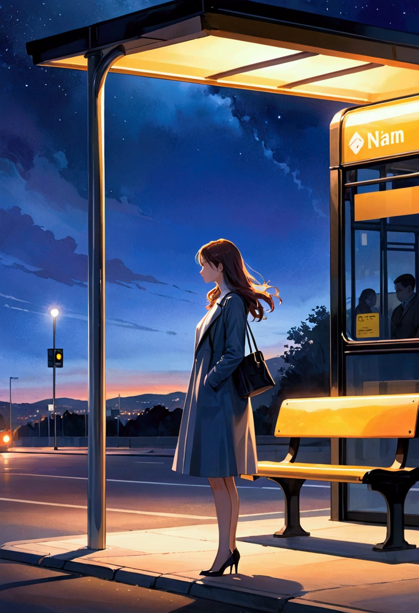 A captivating watercolor painting depicts a solitary young woman waiting at a bus stop during the twilight hours. The scene is predominantly dark, with the last light of day gradually disappearing from the sky. The only source of illumination is a bright overhead light at the bus stop, casting a dramatic, stark beam of light on the waiting individual and a small area around her. The wind catches the woman's flowing, modern woman attire and her hair, creating a mesmerizing effect that adds to her enigmatic presence. Her face is partially concealed by shadow and movement, further enhancing her air of mystery. The minimalist, modern bus stop structure gleams in the artificial light, while the background gradually fades into the deep blues and purples of the encroaching night, with a hint of distant city lights. The atmosphere of the painting evokes a sense of solitude, anticipation, painting