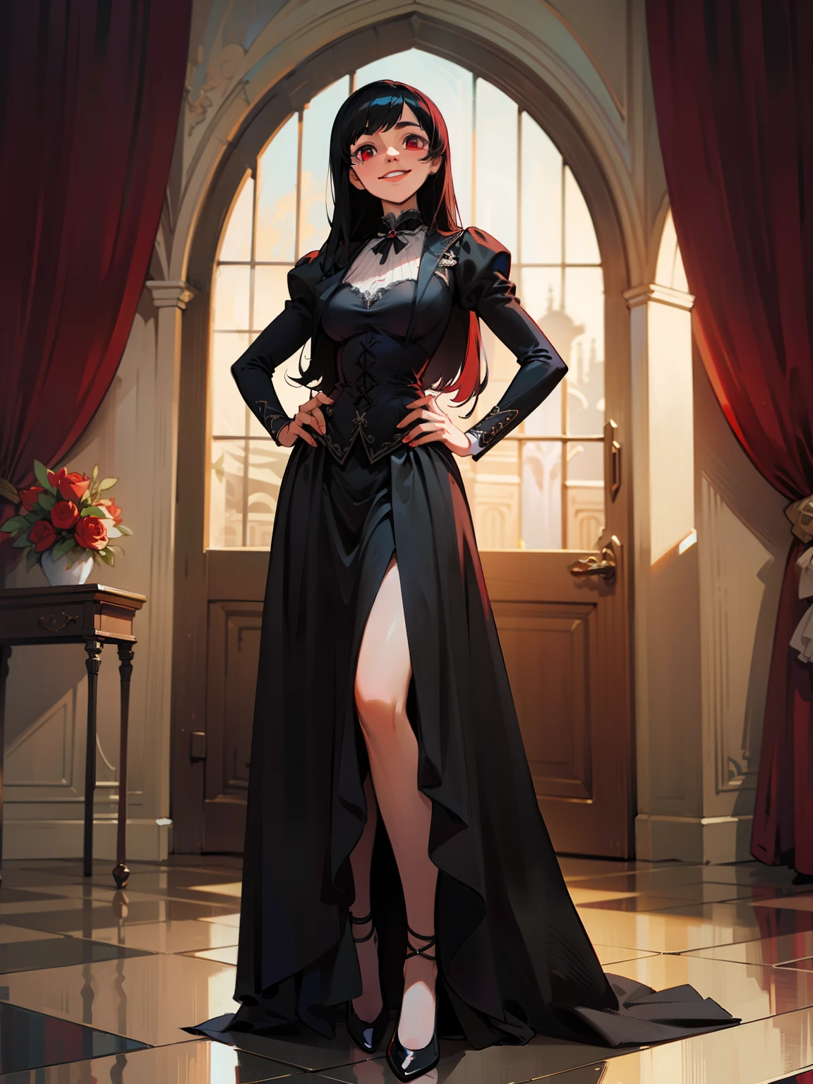 butler outfit, long black hair, maroon red eyes, bangs, Gothic art, full body shot, elegant pose, smile, Romanticism, masterpiece, anatomically correct, high quality, super detail, best quality, 4K, 8k