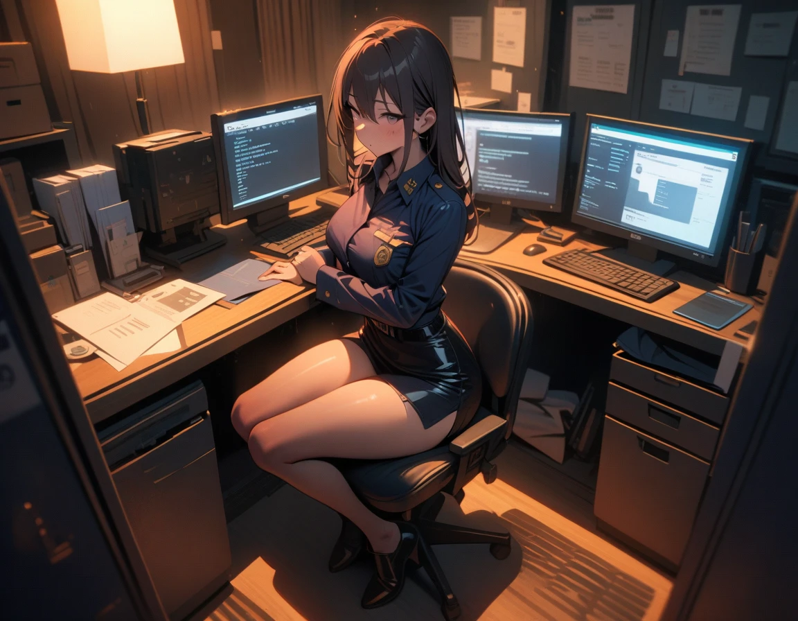 ((best quality)) , ((masterpiece)) , (detailed),1 female,midnight,Bureau Office,Policewoman,((whole body))
