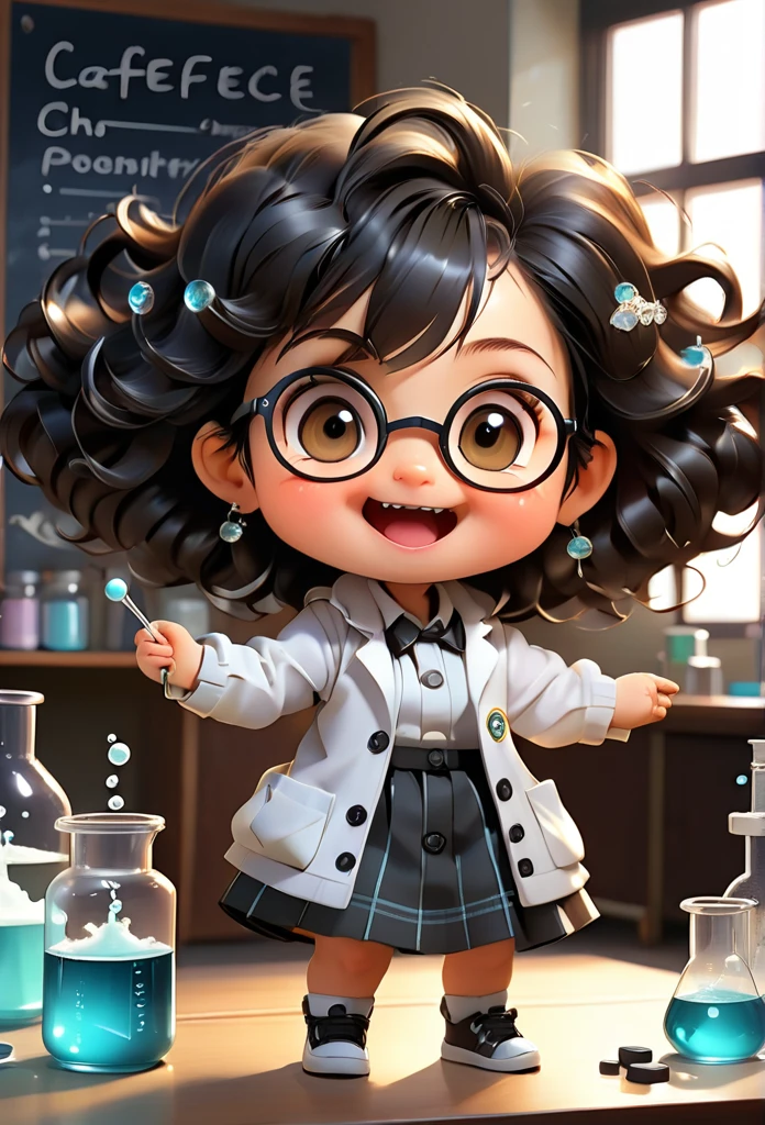 (((Chibi Baby UHD)))Chemistry MASCOT and , atoms, Molecules ,Has black hair , Blind box style and model with popular market style, The sunlight shines, , hyper qualit, sharp features, Ultra HD and 8K resolution,Cool Hand Drawn Illustration,fly away (Inside out disgusting), Create a series of best quality cute chibi dolls,ultra details,realisitic,Science Laboratory,Chemical experiment,ultra HD, chemical equipment,scientists working,cups,UHD Bunsen Burner ,Microscope,laboratory glassware,measuring cylinders,labcoats,Round nerd glasses ,science books,Periodic table,scientific research,discoveries,new inventions,innovation,aprendizagem,education,Scientific culture wears coat with details of buttons and brooches , her coat is charming and cute with ultra chemical details ,Curiosidade,Technological advancements,swirly vibrant colors,soft lighting,modern laboratory,nerdy atmosphere,laboratory instruments,hypothesis testing,Scientific method,symbolic representation,Critical thinking,experiments ,precision,precision,Intricate details,impressive scientific setup,natural elements,exploration of the mysteries of science,unlocking the secrets of nature. Baby chibi is happy and excited, remember to use chemical laboratory glassware, The chalkboard behind the cute chibi baby is written the structure of caffeine in white chalk 18K UHDBlack hair, very long hair, American propaganda poster, shine light, 3D rendering, Riso,
