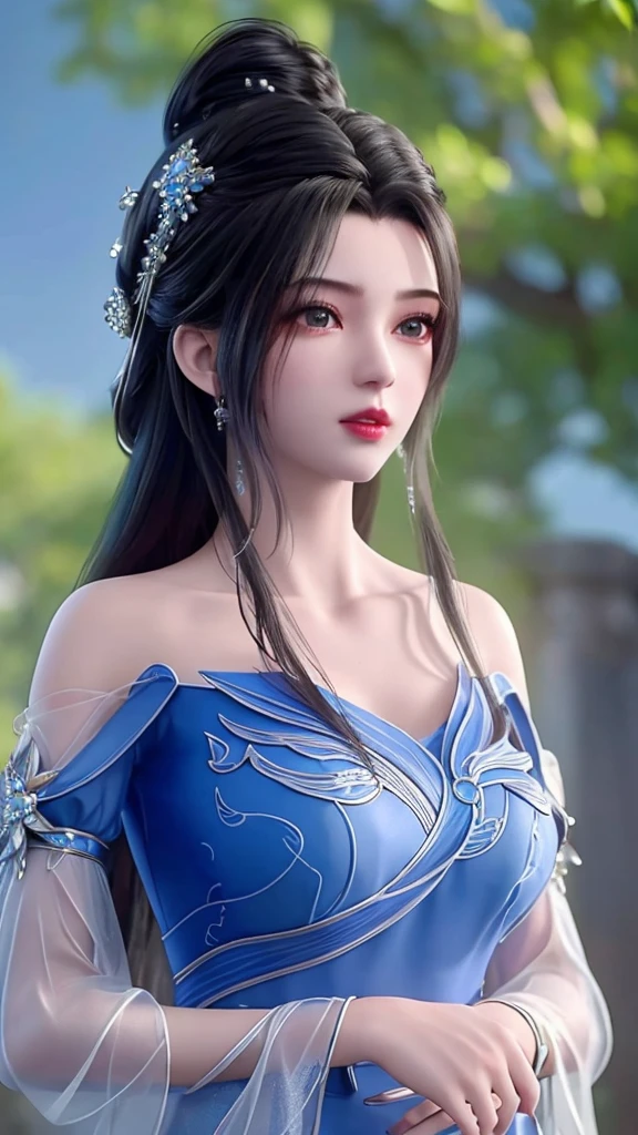 (8K, RAW photos, best quality, masterpiece:1.2),(Practical, photo-Practical:1.4), Extremely detailed, extremely detailed cg 8K wallpaper,(Crystal textured skin:1.2), (Extremely refined),
1 Girl,Solitary, Practical,Black Hair,Long hair,Bare shoulders,Blue Dress,Large Breasts,cleveage, Looking at the audience, outdoor,