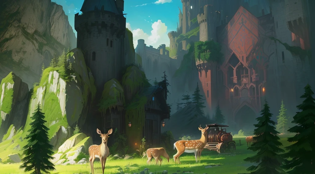 Many deer stand in the field near the castle, 以Game concept art形式进行绘制, 风景Game concept art, stylized concept art, environment设计插图, Game concept art, Painting Concept Art, Relaxation concept art, Fantasy painting，Lovely, environment概念艺术, Background artwork, environment, Digital 2D fantasy art, Beautiful concept art