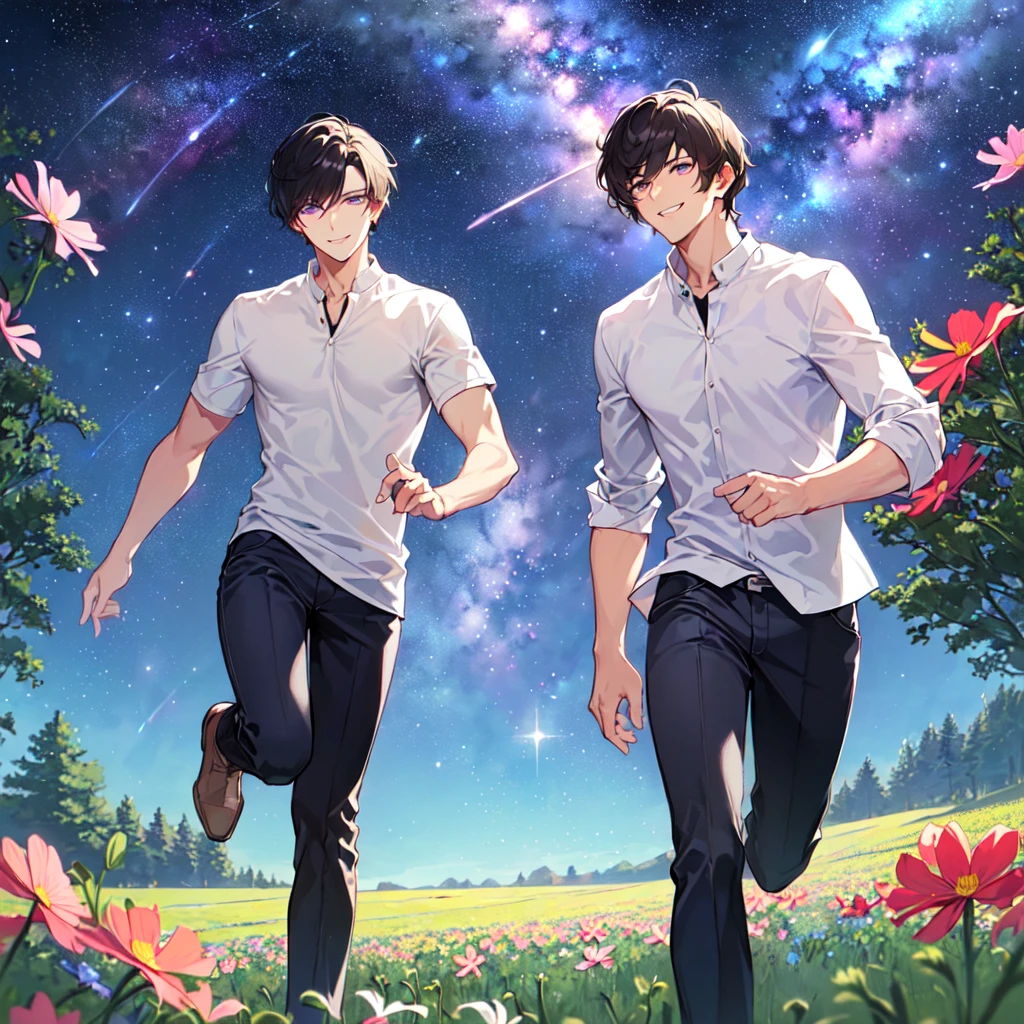 masterpiece,best quality,high quality,(1 male austere handsome solo adult age 30 years old:1.5), purple eyes, cool with suspended eyes, V-shaped eyebrows, body strong and fearless 8.5 head tall, height 185cm, (well-groomed black short hair down to neck:1.4), (bangs 7 thirds parted:1.4), slender nose, facial muscles, throat, (pants in cosmos print fashion:1.3), (running:1.3), (stylish pose), (cool smile:1.3), (background cosmos flower field:1.3) , (Milky Way Night Sky:1.3)
