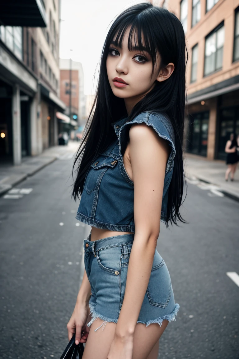 a beautiful 18 year old slim and sexy woman, emo girl, black short sleeve dress, denim shorts, detailed face, long eyelashes, intricate makeup, cinematic composition, grungy urban environment
