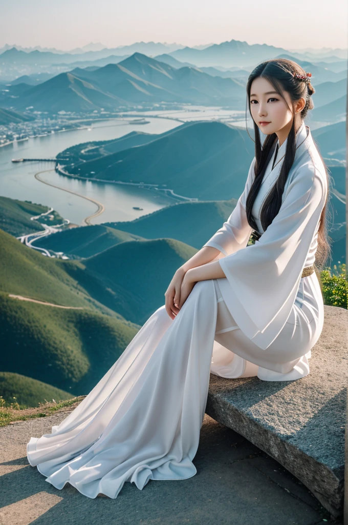Irisviel von Einzbern Standing on the mountain contemplating the view of the city, by white ，thin legs，The soft light：1.3，Beautiful feet，wearing hanfu, beautiful chinese models, full bodyesbian，Sexy elegant pose, a stunning young ethereal figure, thin girl photo model, chen xintong, thin girl photo
