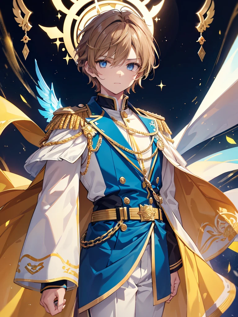A male character with brown hair and blonde highlights, blue colored eyes, wearing an elaborate uniform. The uniform is blue, offwhite, yellow and black, with a blue jacket decorated with yellow details and a white cape with yellow edges. He wears white pants and a brown belt with a large gold star-shaped buckle.. The character has golden ornaments on his shoulders and sleeves., a bright blue ornament on the forehead, and golden details on your face, Golden Elements, work of art, high qualiy, highy detailed, High definition, 4K