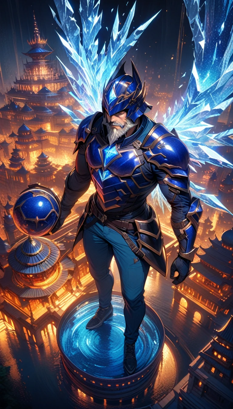 ((best quality)) , ((masterpiece)) , (detailed),((full-body)),1boy, male focus, solo, shirt, helmet, pants, denim, armor, facial hair, blue pants, gloves, beard, jeans, holding,beautiful detailed glow,detailed ice,beautiful detailed water,(floating palaces:1.2),(ice crystal texture wings),(Iridescence and rainbow hair:2.5)