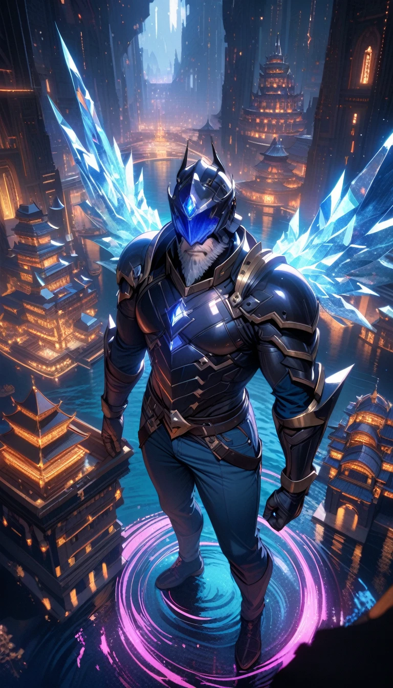 ((best quality)) , ((masterpiece)) , (detailed),((full-body)),1boy, male focus, solo, shirt, helmet, pants, denim, armor, facial hair, blue pants, gloves, beard, jeans, holding,beautiful detailed glow,detailed ice,beautiful detailed water,(floating palaces:1.2),(ice crystal texture wings),(Iridescence and rainbow hair:2.5)