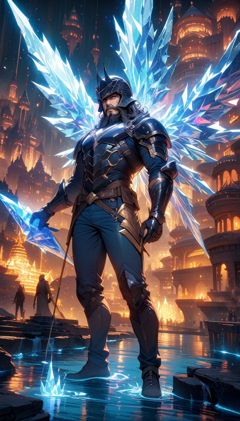 ((best quality)) , ((masterpiece)) , (detailed)，((full-body)),1boy, male focus, solo, shirt, helmet, pants, denim, armor, facial hair, blue pants, gloves, beard, jeans, holding,beautiful detailed glow,detailed ice,beautiful detailed water,(floating palaces:1.2),(ice crystal texture wings),（Iridescence and rainbow hair:2.5）