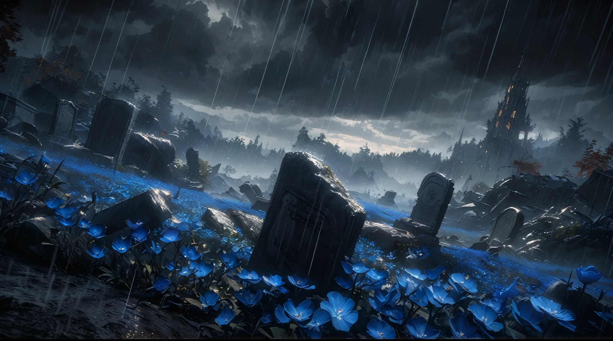  anime scenery, anime aestetics, anime lanscape, a blue field with a sky background, beautiful blue flowers, destroyed tombstones lying around, rain, dark grey clouds, beautiful grey trees, grey and blue coloure, elden ring cinematic lighting, unreal engine fantasy art, dark fantasy, peaceful atmosphere, wide shot, pov, atmospheric perspective, perspective, 4K, 8k, highres, best quality, super detail, masterpiece, award winning