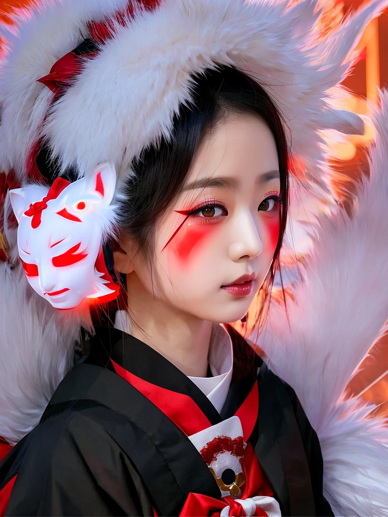 Arafed woman wearing a cat mask with a red light behind her, kitsune mask on head, Con Narrow Mask, kitsune mask, wearing a kitsune mask, Una hermosa mujer Narrow, Geisha cyberpunk, Geisha Mask, Amaterasu, Kabuki Makeup, inspired by Itō Shinsui, Retrato de Onmyoji, Narrow、Android、humanoid、cyborg