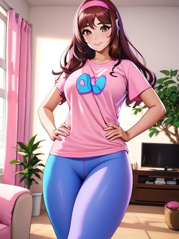 (best quality:1.4),(mature face), (((best quality))), illustration, perfect lighting, Colorful, Bright_Front_face_Lighting, ultra high res, (Beautiful, medium breasts:1.2), (thick thighs:1.1), (42 years old:1.2), THICK, 1Girl, Ultra High Resolution, Solo, Imagine D.VA as a MILF, Korean woman,mature face, slight wrinkles around the face, MILF figure, Pink Headband, long brown hair Pink Eyes, Pink Cat-Like facial markings, ((Wearing Pink oversized shirt, blue leggings and ugg boots)), standing, hands on hips, posing for the camera, art by Artgerm, indoors, living room background