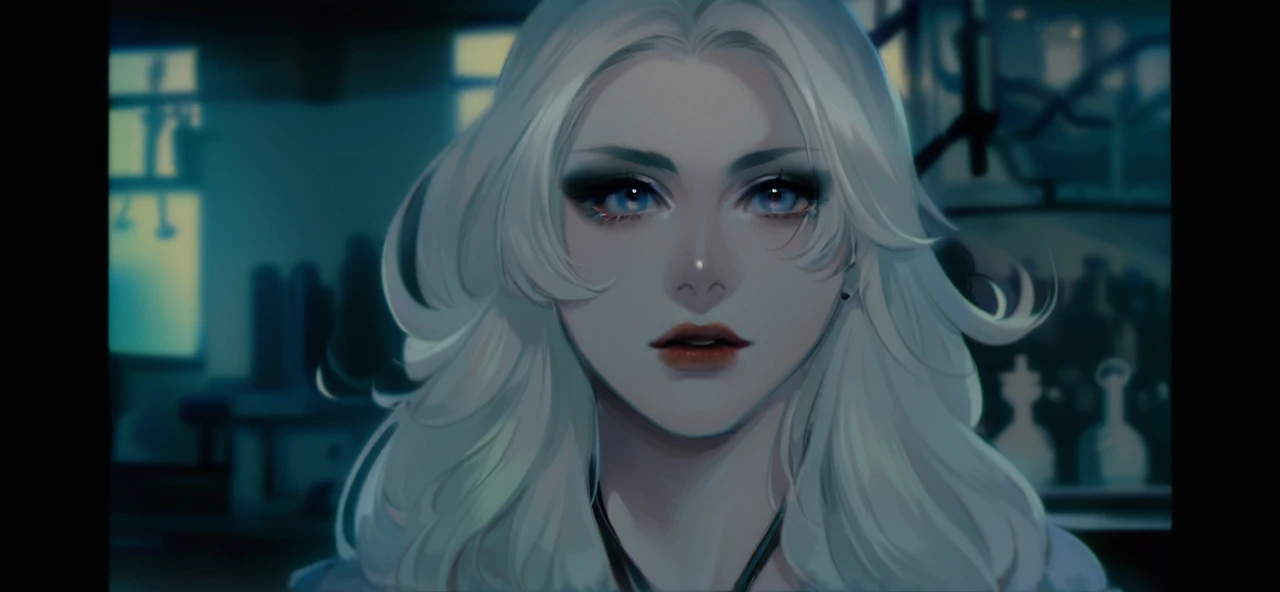 A woman in the picture has long, wavy, platinum blonde hair that falls past her shoulders. She has a fair complexion and wears light makeup, highlighting her red lips and subtle eyeliner. She has a small nose ring on her right nostril. Her expression is neutral, with a slight hint of curiosity or attentiveness. She appears to be in a dimly lit room with a somewhat industrial or laboratory-like background, giving the image a mysterious and intriguing atmosphere.