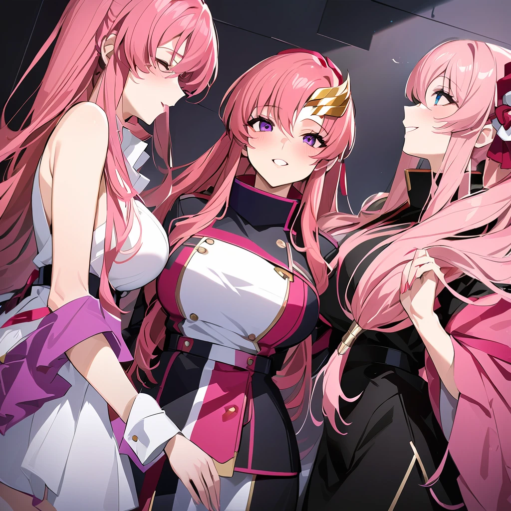 ((Highest quality)), ((masterpiece)), (detailed), (Perfect Face)、The woman is Lacus Clyne, a member of the Foundation and wife of Orpheus, King of the Accord, wearing the Black Knights Code uniform, an engagement ring, beautifully decorated accessories, and a gorgeous hair ornament. She has medium-long pink hair.、Beloved wife of Orpheus, King of Accord
