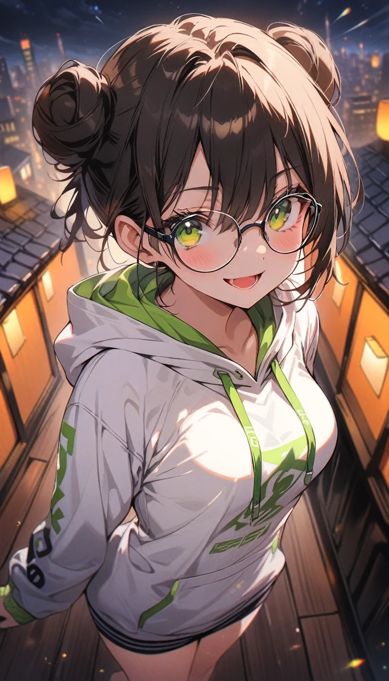 score_9, score_8_up, score_7_up, score_6_up, source_anime, (masterpiece, best quality:1.2), ultra-detailed, high quality, highres, 1girl, solo, pretty woman, beautiful, green eyes, glasses, smile, open mouth, brown hair, hair bun, looking at viewer, white hoodie oversize, medium breasts, from front, standing, barefoot, full body, city night scene, the roof