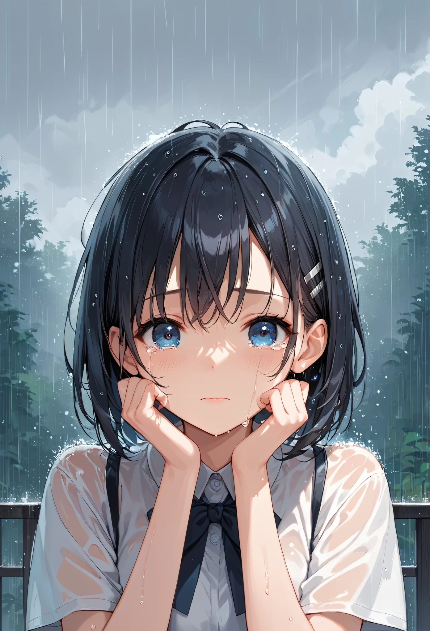 score_9, score_8_up, score_7_up,source_anime, high res image,masterpiece,best quality,girl,cute face,clear skin,black hair,crying,rainy,looking at the sky,