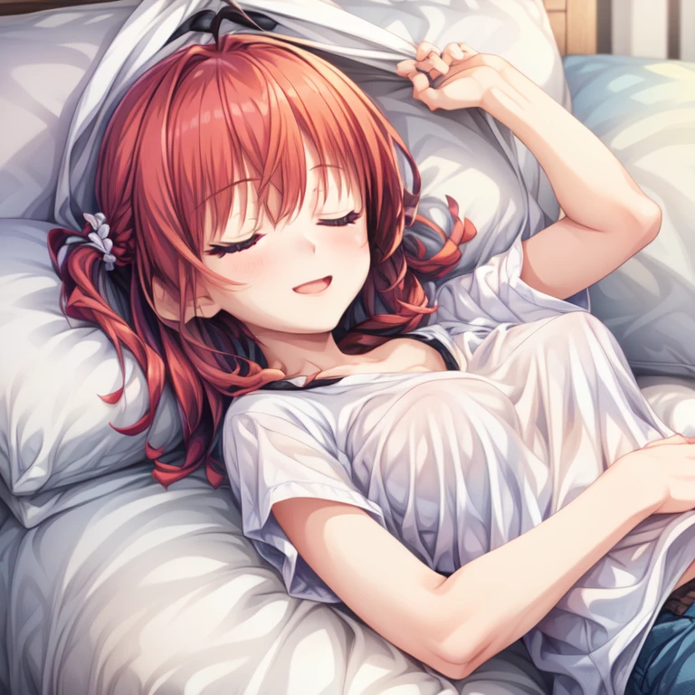 1girl, sleepeace, pajama, arms up,  on back,  red_hair, long_hair, mooning, messy hair,  sunlight,  backlighting, (ultra_detailed:1.2)