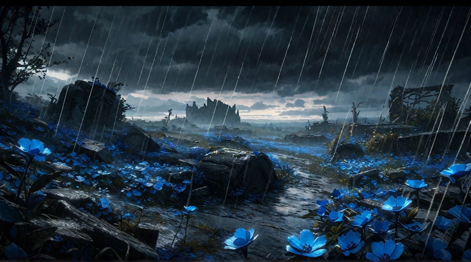  anime scenery, anime aestetics, anime lanscape, a blue field with a sky background, beautiful blue flowers, destroyed tombstones lying around, rain, dark grey clouds, beautiful grey trees, grey and blue coloure, elden ring cinematic lighting, unreal engine fantasy art, dark fantasy, peaceful atmosphere, wide shot, pov, atmospheric perspective, perspective, 4K, 8k, highres, best quality, super detail, masterpiece, award winning