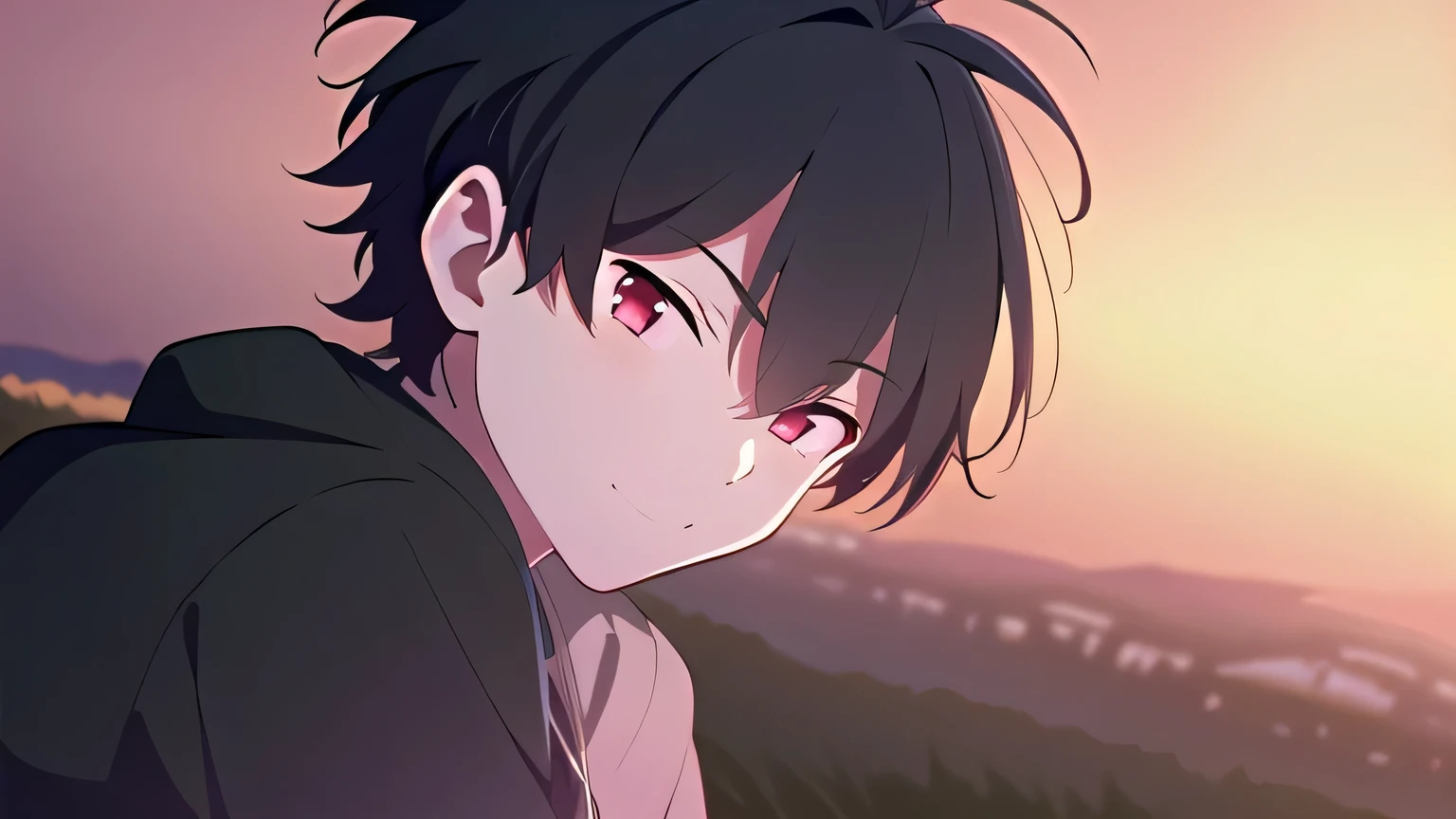  skinny, solo, 1boy, man, male A gloomy appearance,innocent smile,very short hair, short cut hair, black hair, red eyes,messy hair, bangs, messy bangs, cowlick, black hoodie, upper body, theme dark, sunset background,