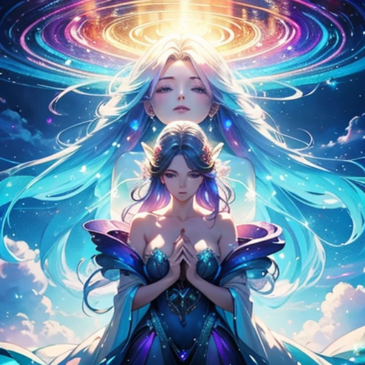 A stunningly ethereal woman, composed of a dazzling array of rainbow hues, lays gracefully on fluffy clouds in the sky. Bathed in dynamic and enchanting rainbow lighting, accentuates her vibrant, full-bodied form. Fantasy art. Masterpiece