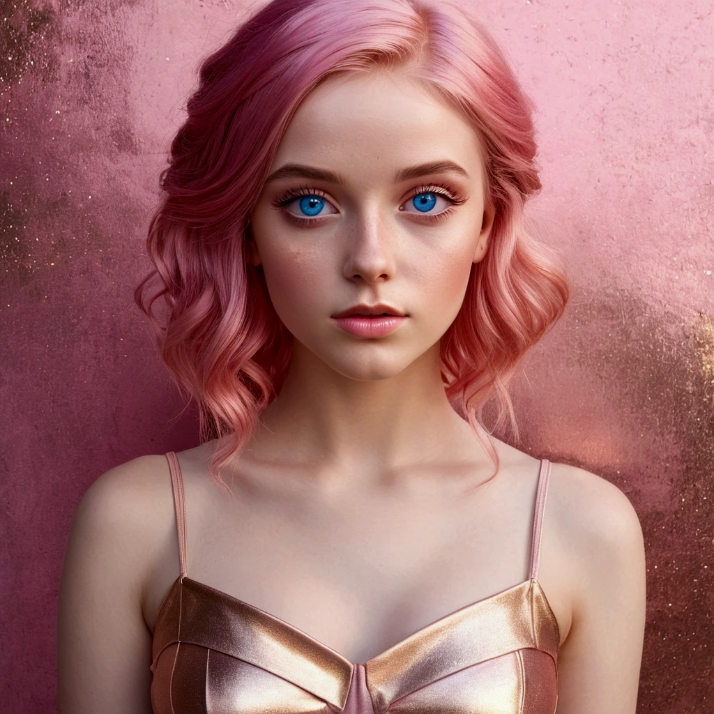 Fair skinned pink haired European young woman blue eyes pink gold rose gold color theme Realistic Photo