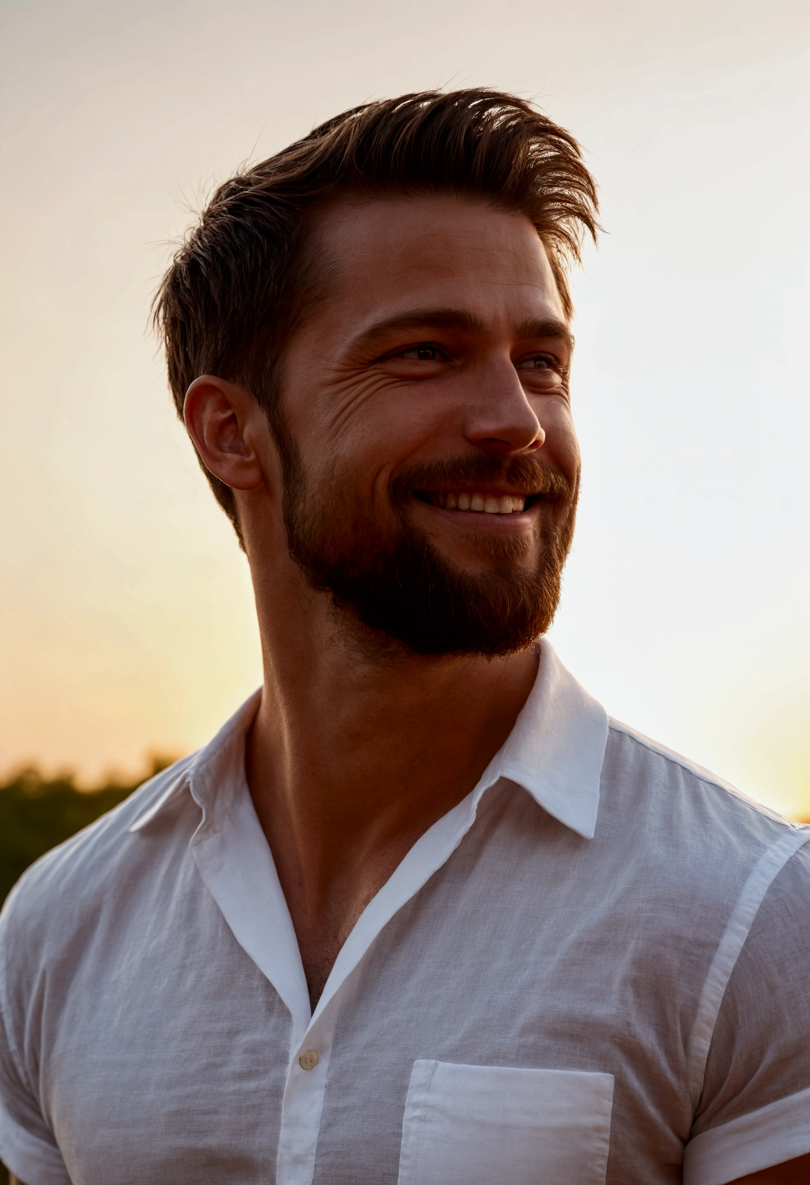 photorealistic, UDH, 31 year old muscular male, smiling to the horizon, side face, wearing a white linen short sleeved shirt, brown hair, beard, expressive eyes, sunset blurred on the beackground