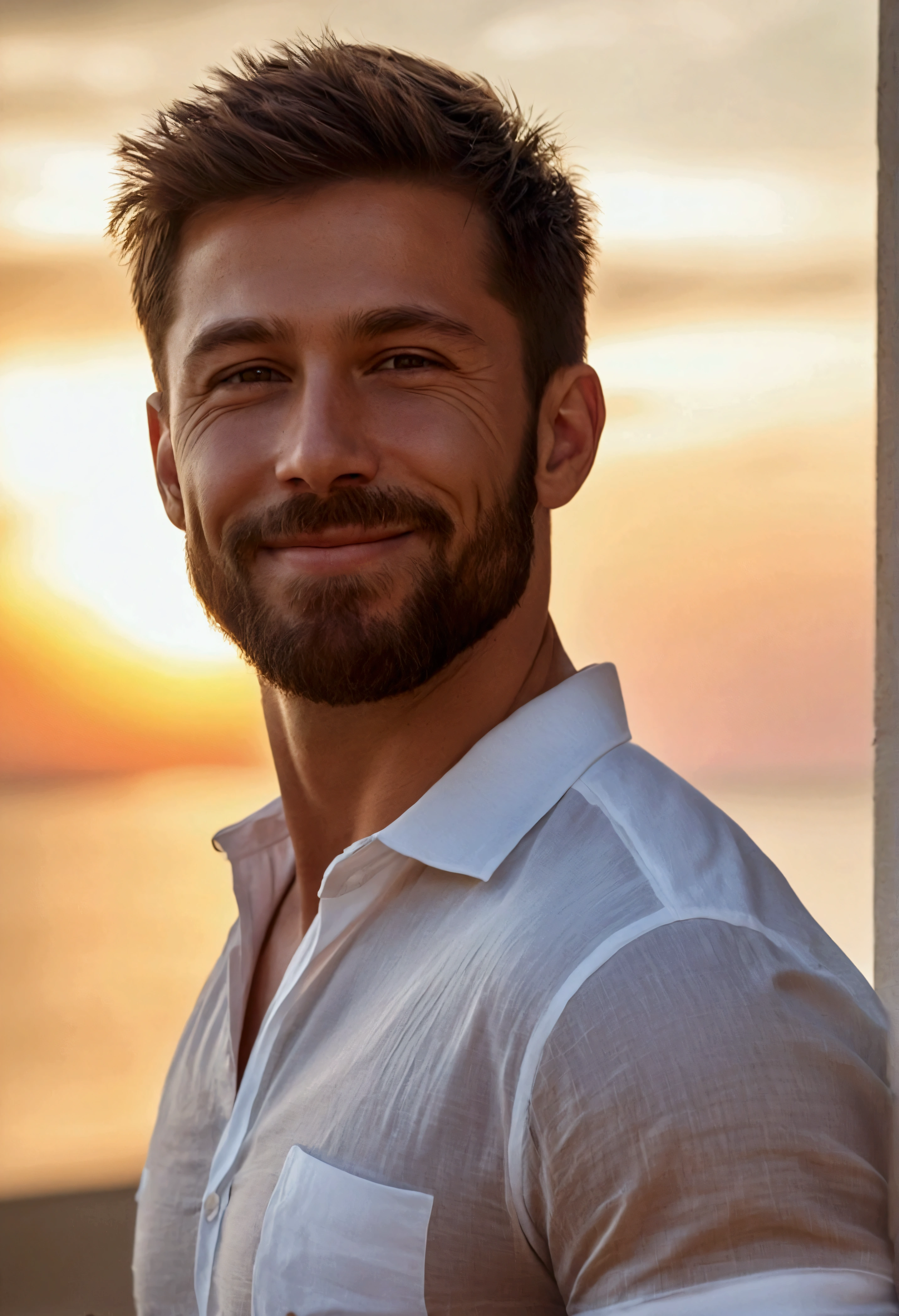 photorealistic, UDH, 31 year old muscular male, smiling to the horizon, side face, wearing a white linen short sleeved shirt, brown hair, beard, expressive eyes, sunset blurred on the background, tan skin