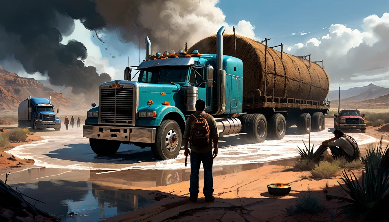 022: The two truckers decide to take one last desperate measure. Remembering his grandfather's stories, Juan suggests performing an ancient protection ritual. They stop the trucks and form a circle of salt around them. Juan recites a prayer his grandfather taught him, asking for protection against evil spirits. The scene is rendered with cinematic color tones and intricate details, resembling a highly realistic game illustration style, inspired by Craig Mullins' atmospheric and detailed artwork, akin to a key art concept for a suspenseful video game like "The Last of Us."
