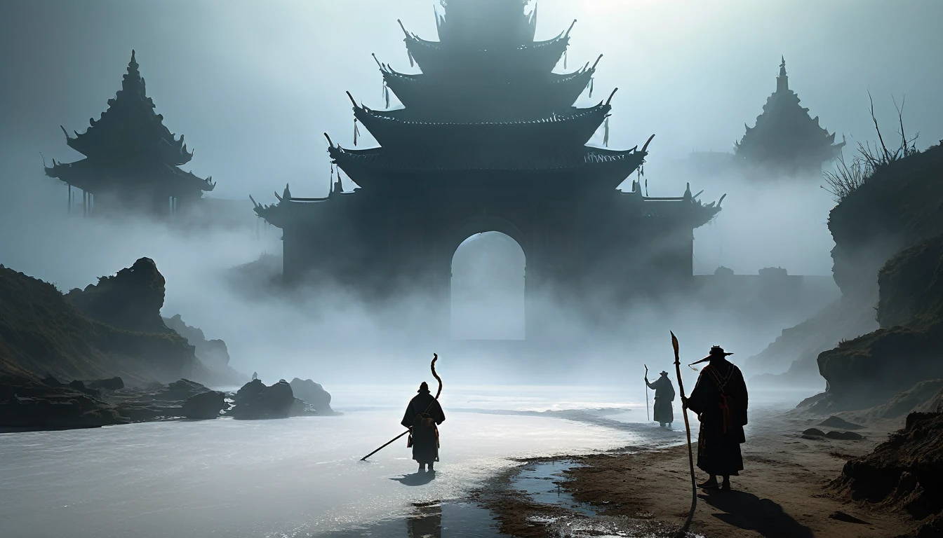 023: As they finish the ritual, the fog reacts violently. The wind blows fiercely, and shadows seem to struggle to break through the salt circle. The whispers turn into screams, and the shapes in the fog become more aggressive. Juan and Pedro hold their amulets tightly, praying that the ritual will work. The scene is rendered with cinematic color tones and intricate details, resembling a highly realistic game illustration style, inspired by Craig Mullins' atmos