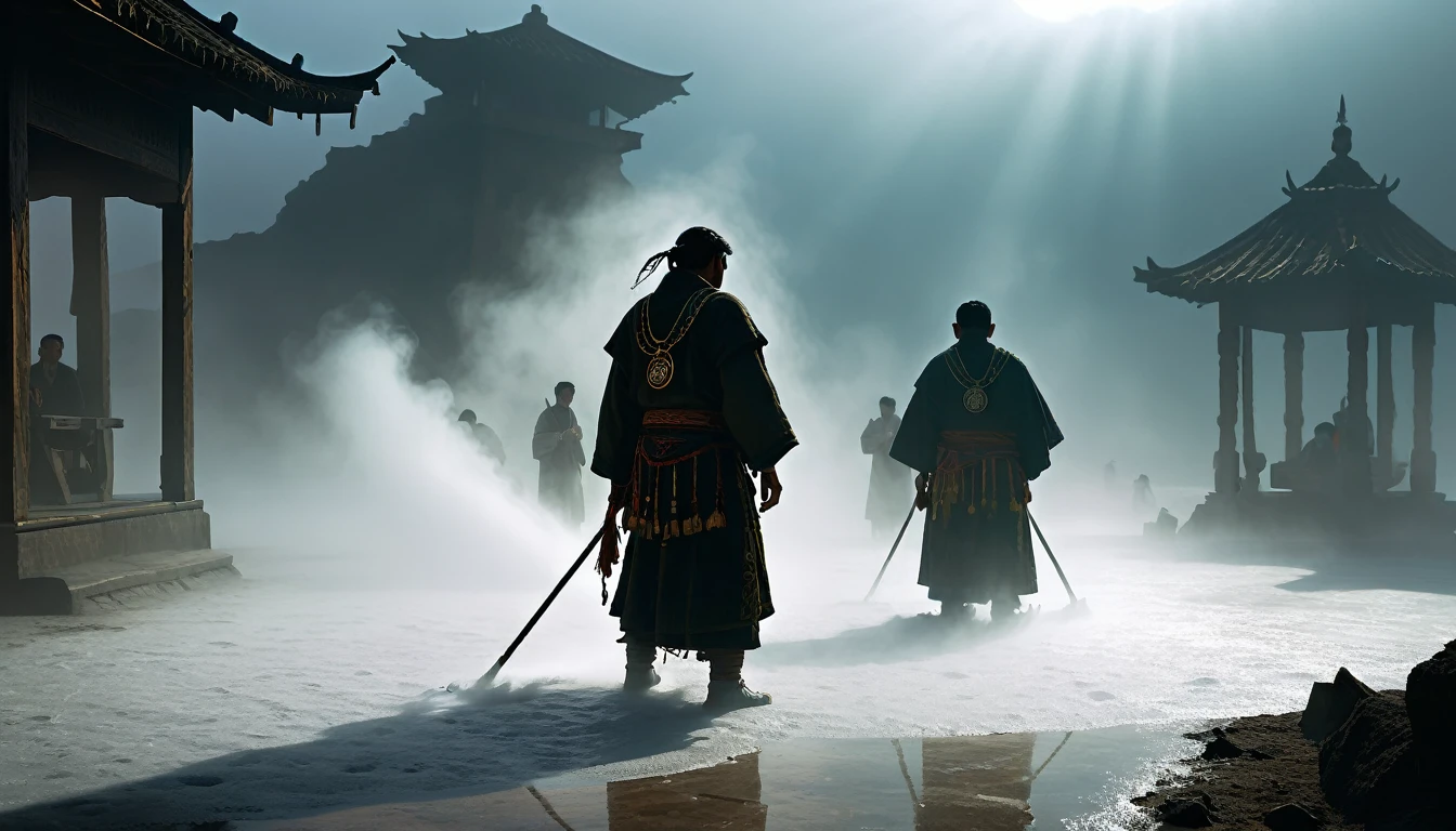 023: As they finish the ritual, the fog reacts violently. The wind blows fiercely, and shadows seem to struggle to break through the salt circle. The whispers turn into screams, and the shapes in the fog become more aggressive. Juan and Pedro hold their amulets tightly, praying that the ritual will work. The scene is rendered with cinematic color tones and intricate details, resembling a highly realistic game illustration style, inspired by Craig Mullins' atmos
