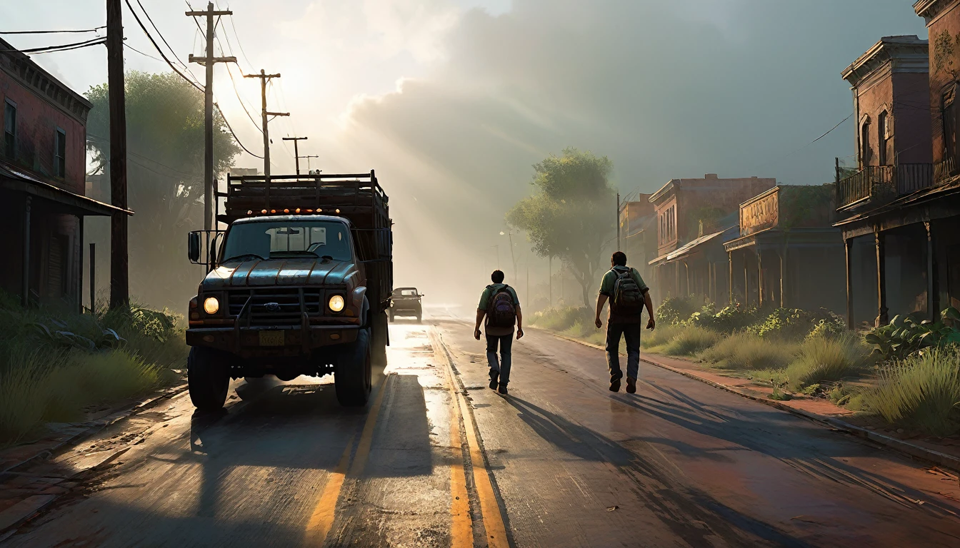 024: After moments of intense tension, the fog begins to recede. The wind diminishes, and the shadows slowly disappear. The road ahead starts to clear, and the two men feel a palpable relief. They return to their trucks, exhausted but determined to continue. The road finally seems to lead to a familiar path, and they accelerate towards San Marcos. The scene is rendered with cinematic color tones and intricate details, resembling a highly realistic game illustration style, inspired by Craig Mullins' atmospheric and detailed artwork, akin to a key art concept for a suspenseful video game like "The Last of Us."