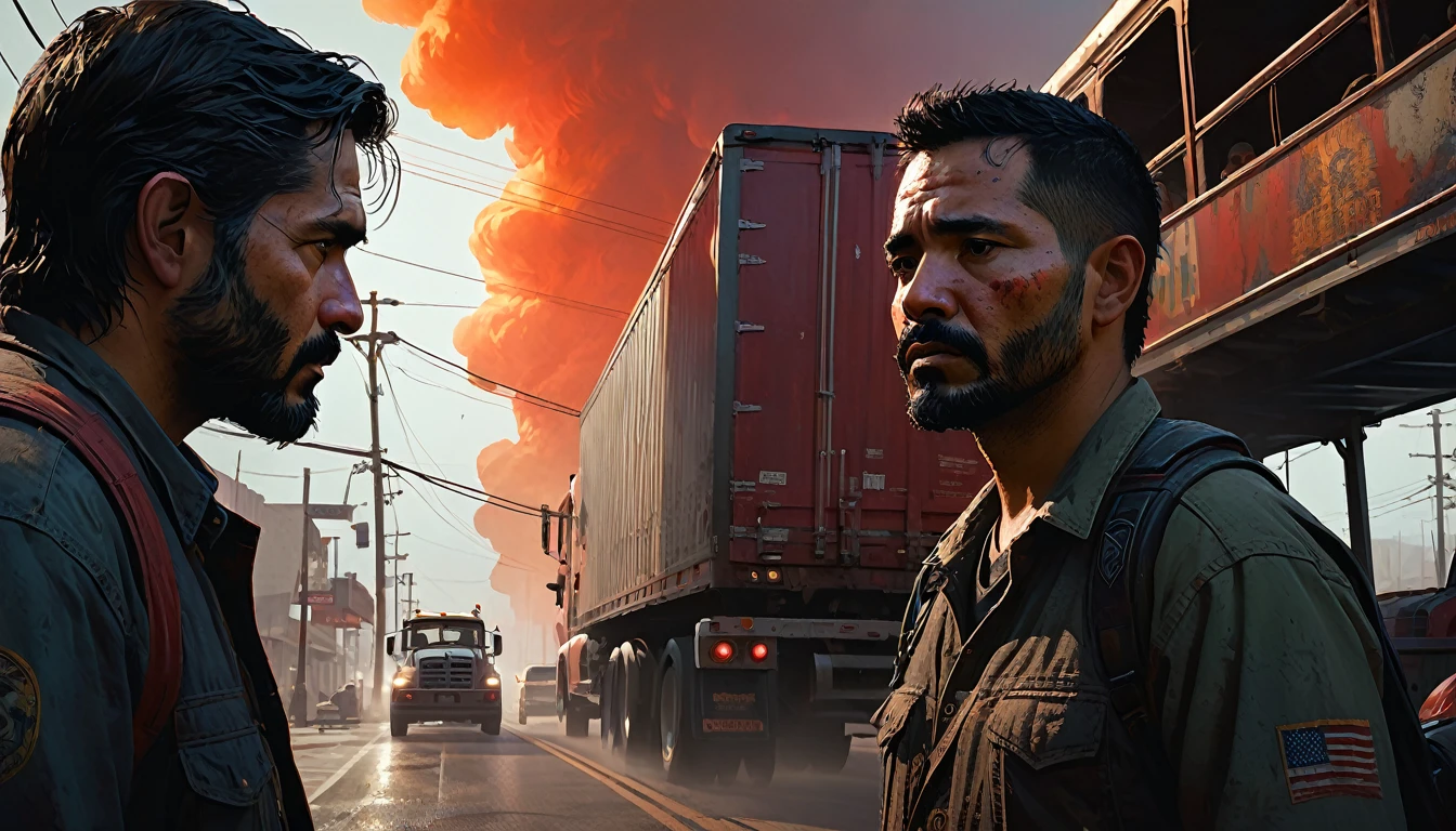 025: Upon arriving in the town, they are welcomed as heroes. Other truckers listen to their stories with awe and reverence. Juan and Pedro reflect on the experience, aware that they faced something beyond human understanding. Juan decides to share his story with other truckers, warning them about the dangers of the red fog and the mysteries of the road. The scene is rendered with cinematic color tones and intricate details, resembling a highly realistic game illustration style, inspired by Craig Mullins' atmospheric and detailed artwork, akin to a key art concept for a suspenseful video game like "The Last of Us."
