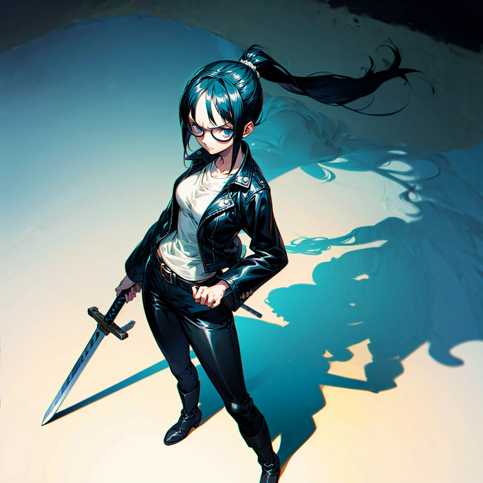 Grassroot, full body version, solo, girl, glasses, black colour hair, ponytail hair, blue eyes, sad eyes, leather jacket, belts, long pants, boots, shadow, (one piece style art), standing gesture, sword in hand 