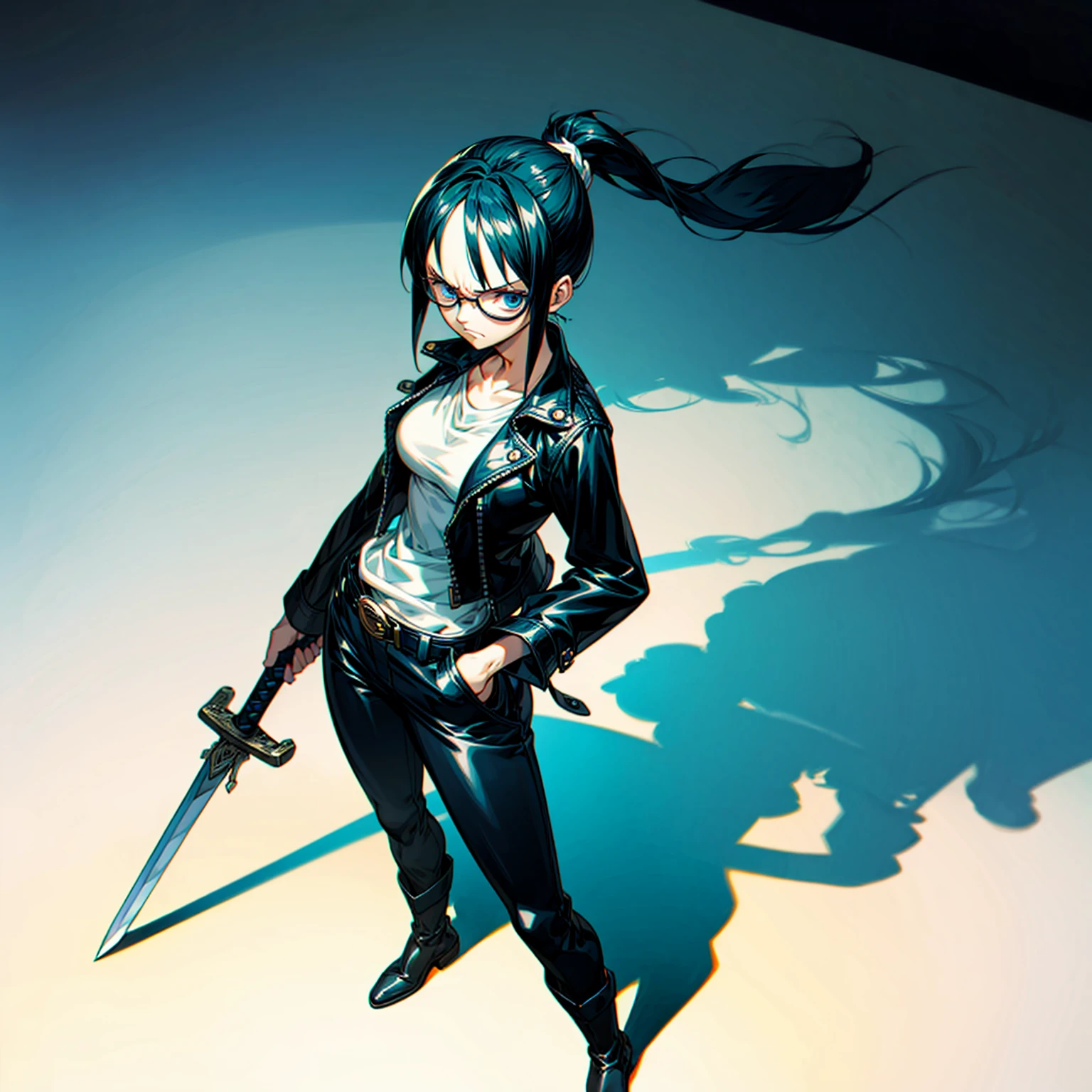 Grassroot, full body version, solo, girl, glasses, black colour hair, ponytail hair, blue eyes, sad eyes, leather jacket, belts, long pants, boots, shadow, (one piece style art), standing gesture, sword in hand 