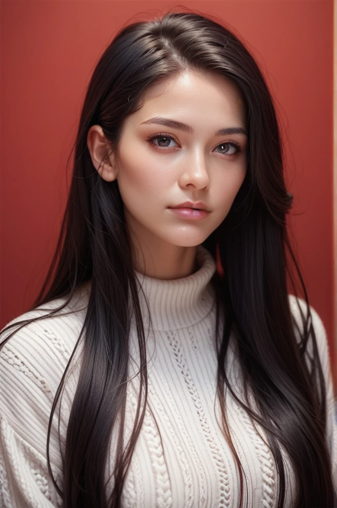 ,score_9,score_8_up,score_7_up, 20 years old, 8k, hd, beautiful girl, black hair, very long hair, straight hair, closed mouth,
1girl, detailed face, beautiful woman's face, sweater, red background, looking at viewer,