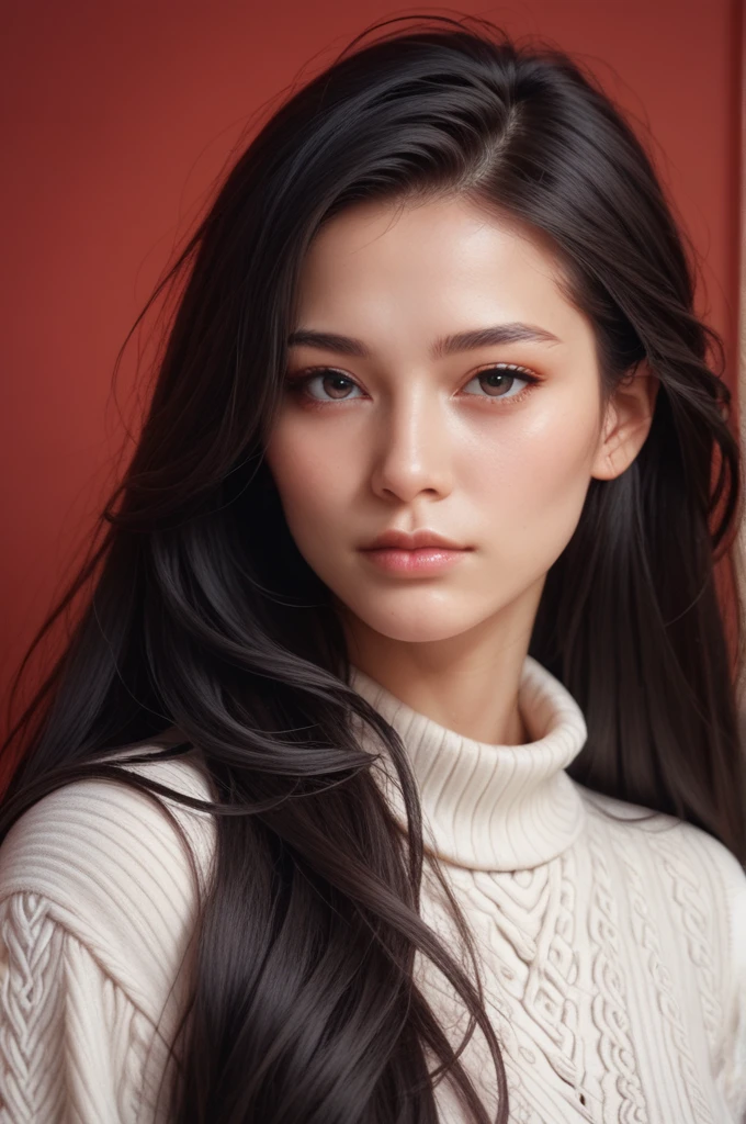 ,score_9,score_8_up,score_7_up, 20 years old, 8k, hd, beautiful girl, black hair, very long hair, straight hair, closed mouth,
1girl, detailed face, beautiful woman's face, sweater, red background, looking at viewer,