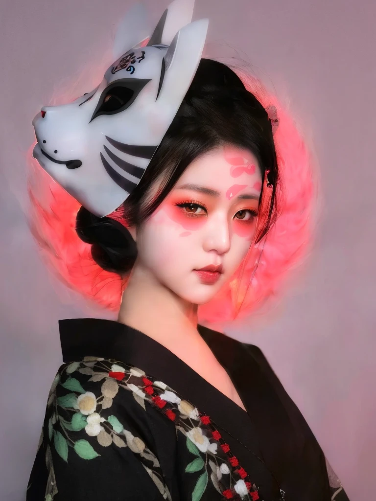 Arafed woman wearing a cat mask with a red light behind her, kitsune mask on head, Con Narrow Mask, kitsune mask, wearing a kitsune mask, Una hermosa mujer Narrow, Geisha cyberpunk, Geisha Mask, Amaterasu, Kabuki Makeup, inspired by Itō Shinsui, Retrato de Onmyoji, Narrow、Android、humanoid、cyborg