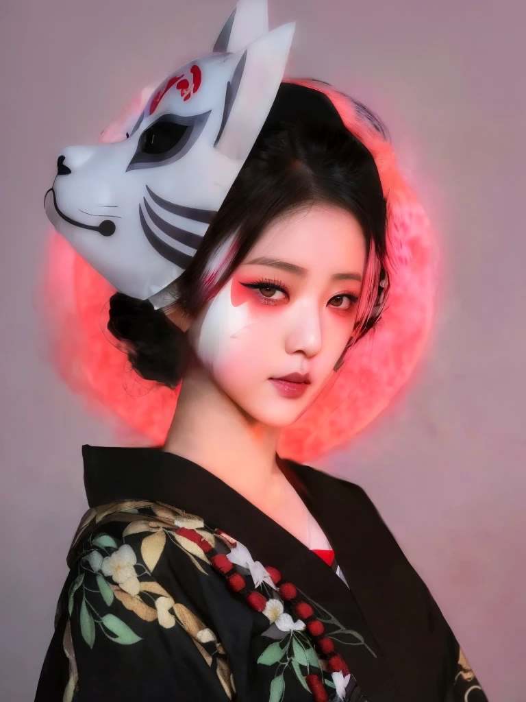 Arafed woman wearing a cat mask with a red light behind her, kitsune mask on head, Con Narrow Mask, kitsune mask, wearing a kitsune mask, Una hermosa mujer Narrow, Geisha cyberpunk, Geisha Mask, Amaterasu, Kabuki Makeup, inspired by Itō Shinsui, Retrato de Onmyoji, Narrow、Android、humanoid、cyborg