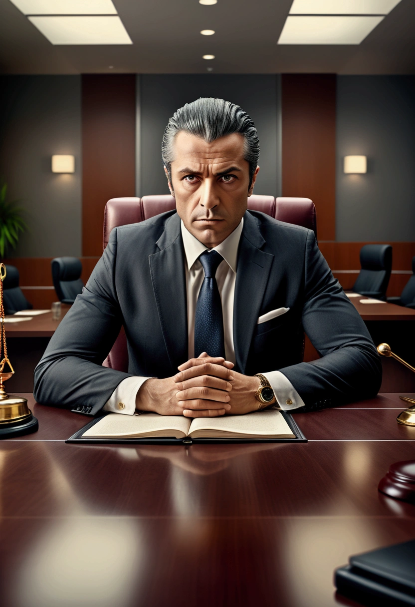 (Lawyer), sit at a business negotiation table, engaged in intense negotiations against the backdrop of a modern business negotiation room, filled with a professional and tense atmosphere, full body, award-winning, cinematic still, emotional, vignette, dynamic, vivid, (masterpiece, best quality, photorealistic, Professional, perfect composition, very aesthetic, absurdres, ultra-detailed, intricate details:1.3)