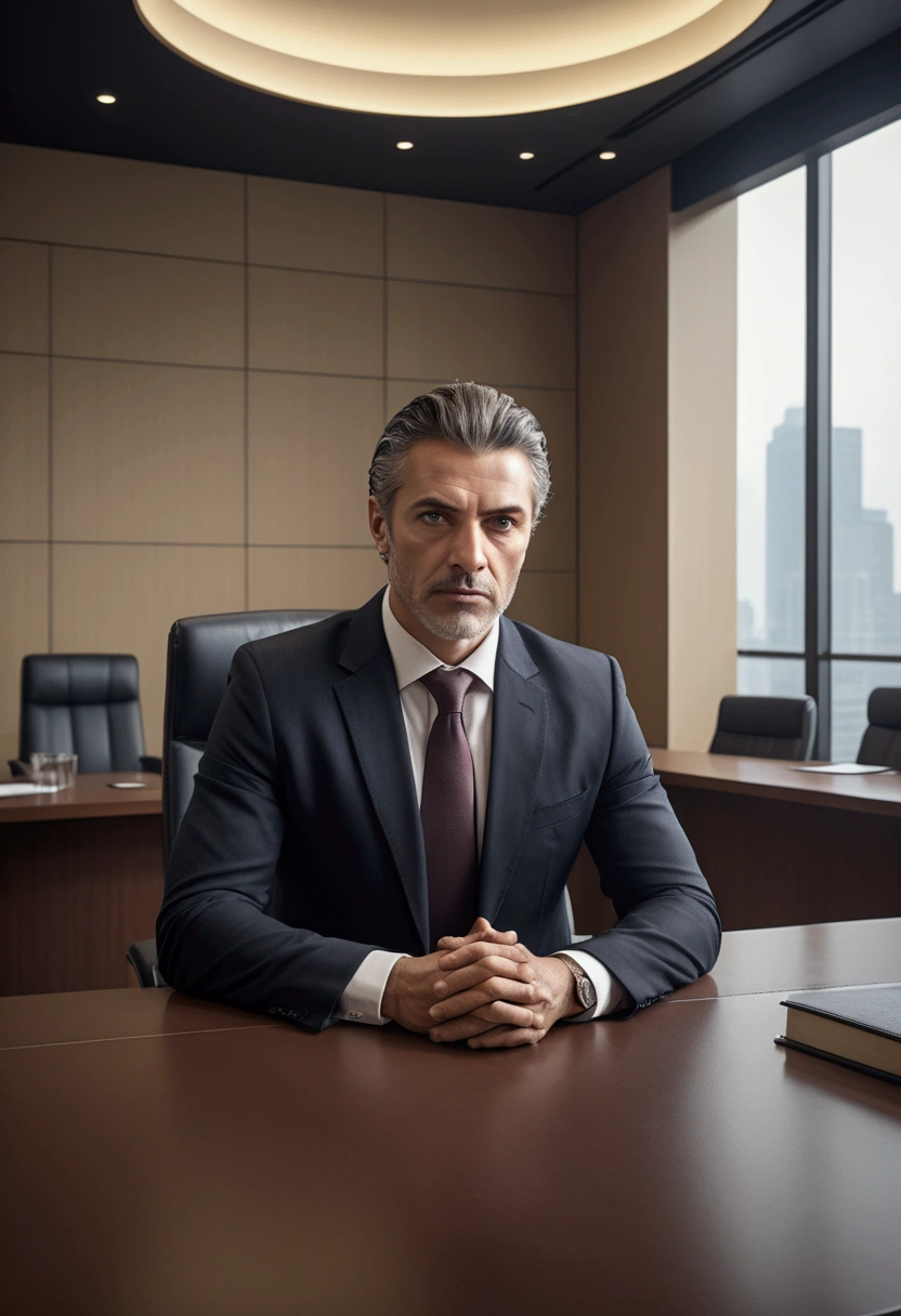 (Lawyer), sit at a business negotiation table, engaged in intense negotiations against the backdrop of a modern business negotiation room, filled with a professional and tense atmosphere, full body, award-winning, cinematic still, emotional, vignette, dynamic, vivid, (masterpiece, best quality, photorealistic, Professional, perfect composition, very aesthetic, absurdres, ultra-detailed, intricate details:1.3)